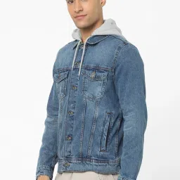 celio Celio* Blue Cotton Regular Fit Hooded Denim Jackets image 3
