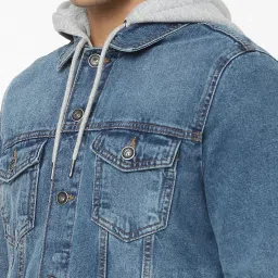 celio Celio* Blue Cotton Regular Fit Hooded Denim Jackets image 4