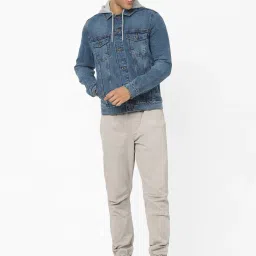 celio Celio* Blue Cotton Regular Fit Hooded Denim Jackets image 5