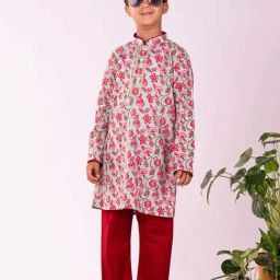 VASTRAMAY Boys Red & Blue Cotton Floral Full Sleeves Kurta Sets-picture-4