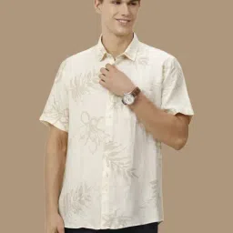 Linen Club Off White Linen Contemporary Fit Printed Shirt-picture-37