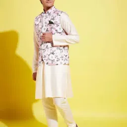 VASTRAMAY Boys Pink & Cream Floral Full Sleeves Kurta Sets image 2