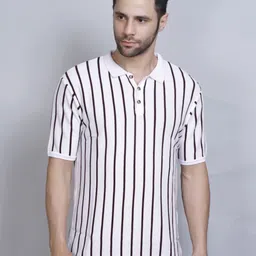 PULAKIN Striped Polo Collar Pure Cotton T-shirt-image-7