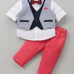 ToffyHouse Full Sleeves Shirt And Bottom Set With Waist Coat & Bow Solid Color - White Pink-picture-24