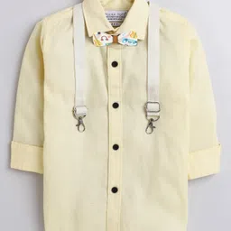 Polka Tots Full Sleeves Solid Party Shirt With Moustache Wood Bow Tie & Striped Suspender - Yellow-picture-12