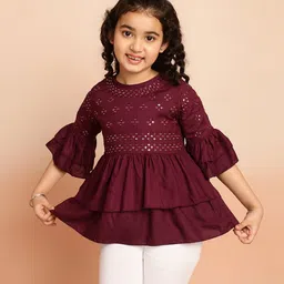 ISHTI Frill Sleeves & Sequin Embellished Top - Wine-picture-24