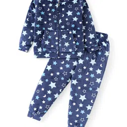 Babyhug Velour Woven Full Sleeves Front Zipper Winter Wear Co-Ord Set With Stars Print - Navy-image-77