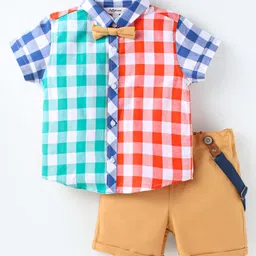 ToffyHouse Poplin Woven Half Sleeves Checks Shirt & Shorts Set with Bow & Suspender - Red Light Blue Tan-picture-14