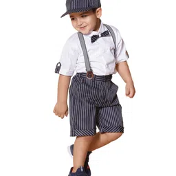 AJ Dezines Cotton Half Sleeves Striped Shirt Pant With Suspender Cap & Bow Set - Black-picture-10
