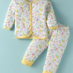 BUMZEE Cotton Knit Full Sleeves Co-Ord Nightsuit with Floral Print - White & Yellow-picture-34