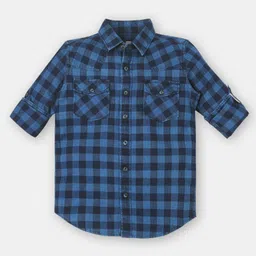 INFINITY Indigo Cotton Woven Full Sleeves Checked Shirt - Blue-picture-24