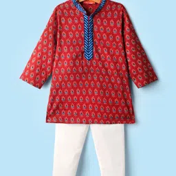 Exclusive from Jaipur Cotton Woven Full Sleeves Floral Printed Kurta Pyjama Set - Red & Off white-picture-14