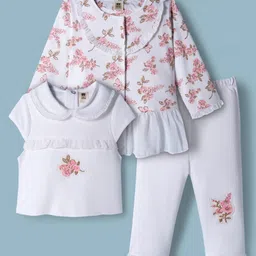 ToffyHouse Cotton Knit Full Sleeves Mesh Detailed Top With Inner & Trouser Set Floral Print - White & Pink-picture-10