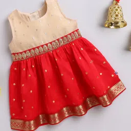 Many frocks & Woven Sleeveless Polka Dots Foil Printed Gota Lace Embellished Dress - Red & Beige-picture-11