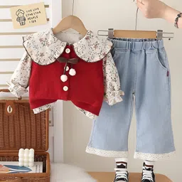 Googo Gaaga Cotton Knit Full Sleeves Floral Printed Top Jeans With Light Winter Sweater Set - Red image 1