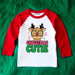 KNITROOT Cotton Knit Christmas Theme Full Raglan Sleeves Christmas Cutie Text Printed Tee - Red & White-picture-11