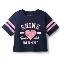 Pine Kids Cotton Knit Half Raglan Sleeves T-Shirt With Shine Text Print & Tape Detailing - Navy Blue image 2