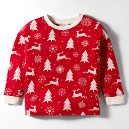 Ollypop Interlock Knit Full Sleeves Co-ords Night Suit With Tree Print - Red image 2