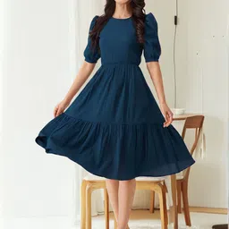 Womenster Women Round Neck Puff Sleeve A-Line Midi Dress-picture-39
