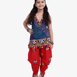Bownbee Bandhani Sleeveless Top With Mirror Work Embroidered Dhoti - Blue & Red-image-20