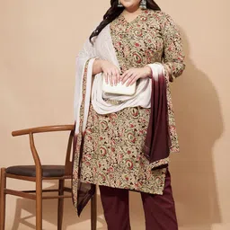 GULMEHAK Women Plus Size Ethnic Motifs Printed Pure Cotton Kurta with Trouser & Dupatta image 3