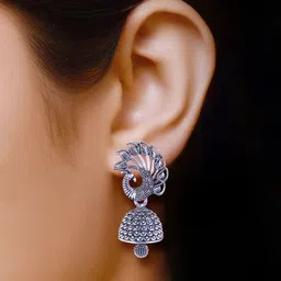 MEENAZ Set Of 4 Silver-Plated Floral Shaped Oxidised Jhumkas image 4