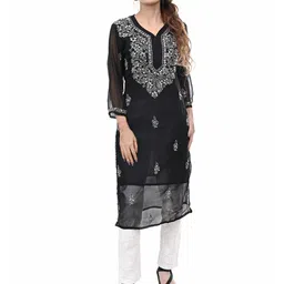 BEAUTY CHIKAN HANDICRAFTS Floral Embroidered V-Neck Straight Georgette Kurta-picture-11