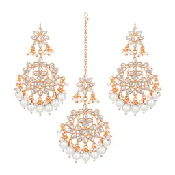 Peora Rose Gold-Plated Artificial Stone-Studded & Beaded Jewellery Set With Maangtikka image 2