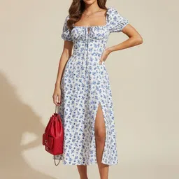 KUNDAN FAB Floral Printed Puff Sleeve Fit & Flare Midi Dress-image-13