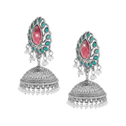 Shining Jewel - By Shivansh Silver-Plated Cubic Zirconia And Pearls Studded Jhumkas image 3