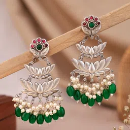 KRISHAZ Silver Plated Artificial Stones Studded And Beaded Oxidised Floral Drop Earrings-image-4