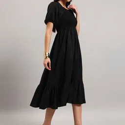 Jash Creation Women Square Neck Puff Sleeve Crepe Fit & Flare Midi Dress image 2