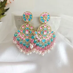 Crunchy Fashion Gold Plated Kundan Meenakari & Sky Blue Pink Pearls Beaded Chandbali-picture-30
