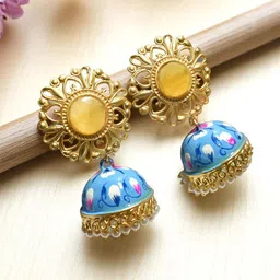 TISHUL JEWELS Gold-Plated Artificial Stones Studded & Beads Beaded Dome Shaped Jhumkas-picture-11