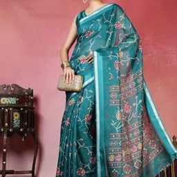 Meena Bazaar Floral Printed Zari Border Saree With Unstitched Blouse Piece image 5