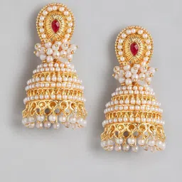 Anouk Gold-Plated Artificial Stones Studded And Beaded Dome Shaped Jhumkas image 4