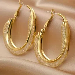 Estailo fashion Stainless Steel Crystals Studded Contemporary Hoop Earrings-picture-15