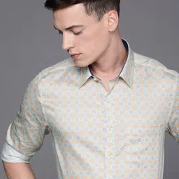 Louis Philippe Men White & Orange Slim Fit Ethnic Motifs Printed Pure Cotton Formal Shirt image 1