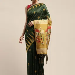 Mitera Green & Mustard Yellow Silk Blend Woven Design Bhagalpuri Saree-image-33
