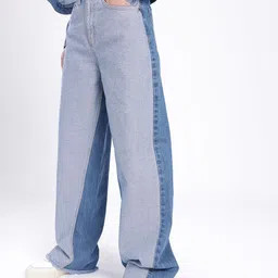 glitchez Women Frayed Hem 90's Baggy Fit Colourblocked Jeans-image-35