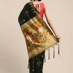 Mitera Green & Mustard Yellow Silk Blend Woven Design Bhagalpuri Saree image 2