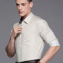 Louis Philippe Men White & Orange Slim Fit Ethnic Motifs Printed Pure Cotton Formal Shirt image 4