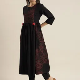 Sangria Women Black Printed Empire Pure Cotton Kurta with Trousers image 4