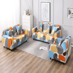 HOKIPO Blue and Yellow Printed Elastic Stretchable Sofa Cover With Arms image 2