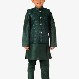 Pro-Ethic Style Developer Kids Dark Green Printed Full Sleeves Kurta, Waistcoat with Pyjamas image 4