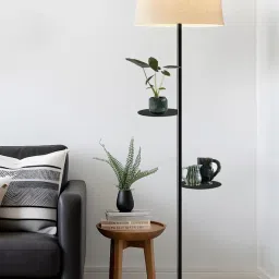 Homesake Dual Shelf Reading Floor Lamp with Beige Fabric Shade & Shelves image 1