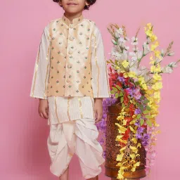 Little Bansi Boys Cream & Beige Embroidered Full Sleeves Kurta, Dhoti with Nehru Jacket image 1
