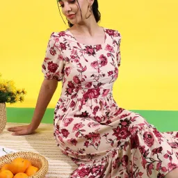 Campus Sutra Beige & Red Floral Print A-Line Dress image 4