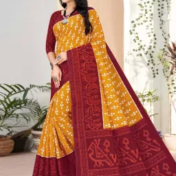 Satrani Turmeric Yellow & Maroon Pure Cotton Printed Saree With Unstitched Blouse image 1