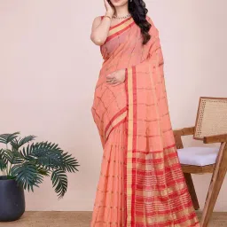 Satrani Peach Pink & Maroon Woven Saree With Unstitched Blouse image 1